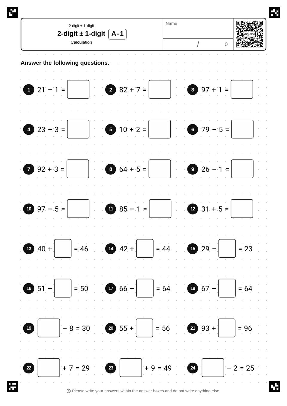 2-Digit ± 1-Digit Review