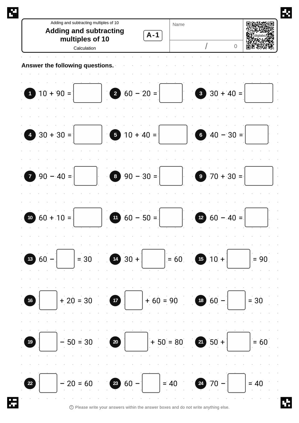 Adding and Subtracting Tens Review