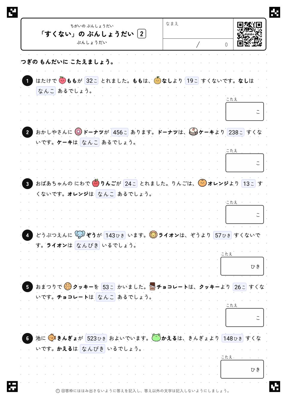 「すくない」の ぶんしょうだい