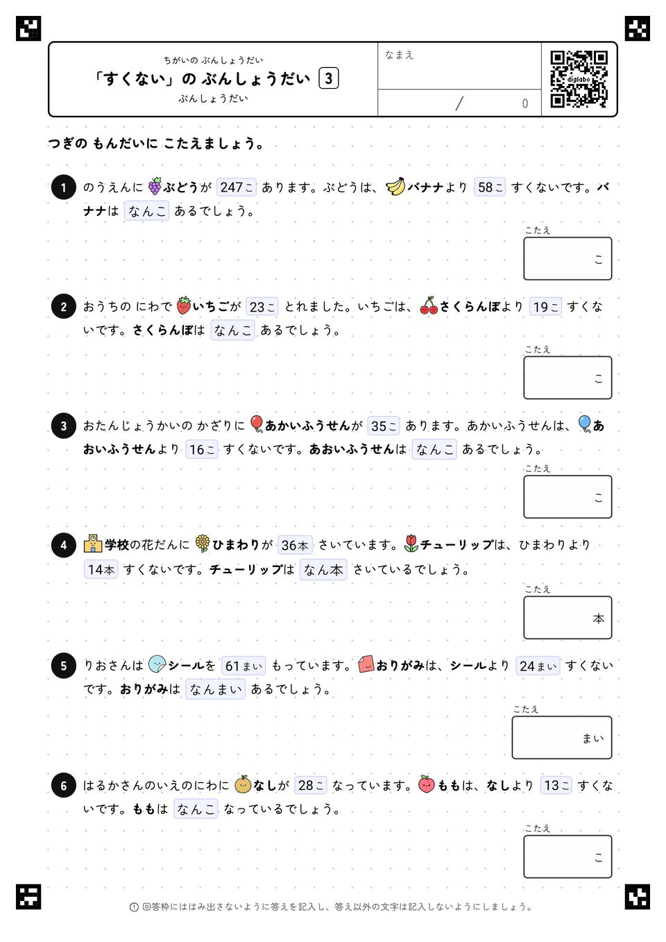 「すくない」の ぶんしょうだい