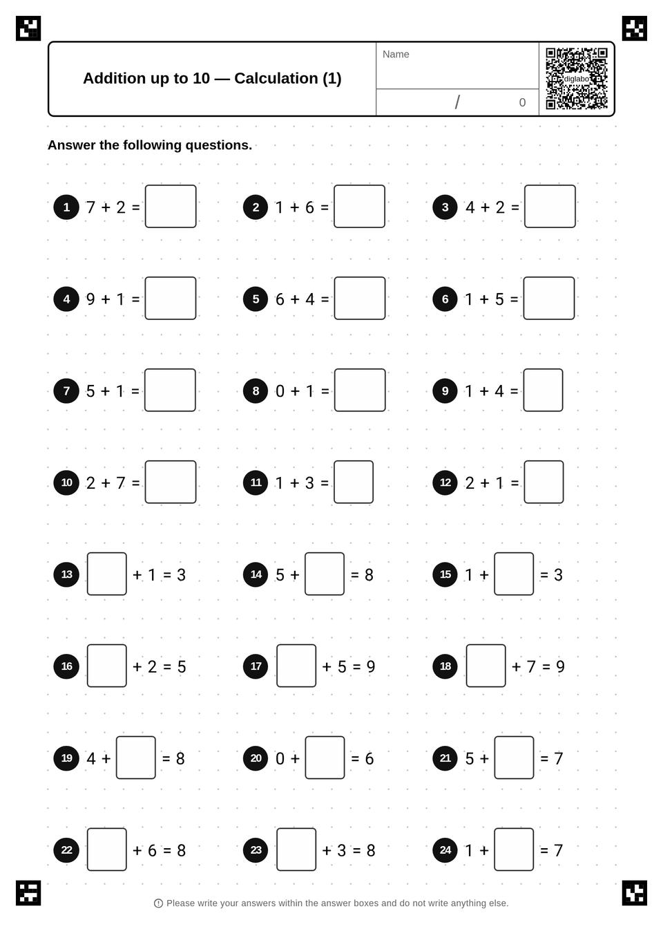 Addition up to 10 Review