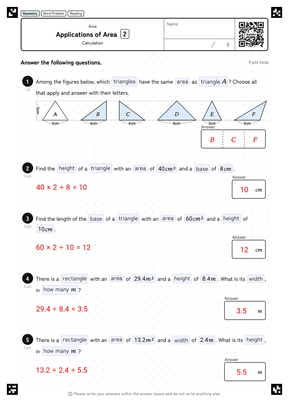 Grade 5 (Elementary School) Area Applications of Area answers