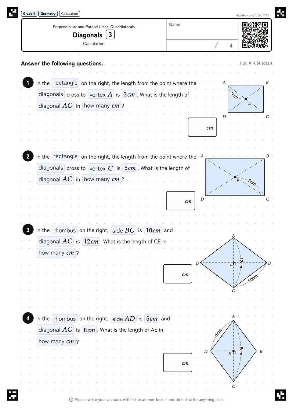 Grade 4 (Elementary School) Perpendicular and Parallel Lines, Quadrilaterals Diagonals