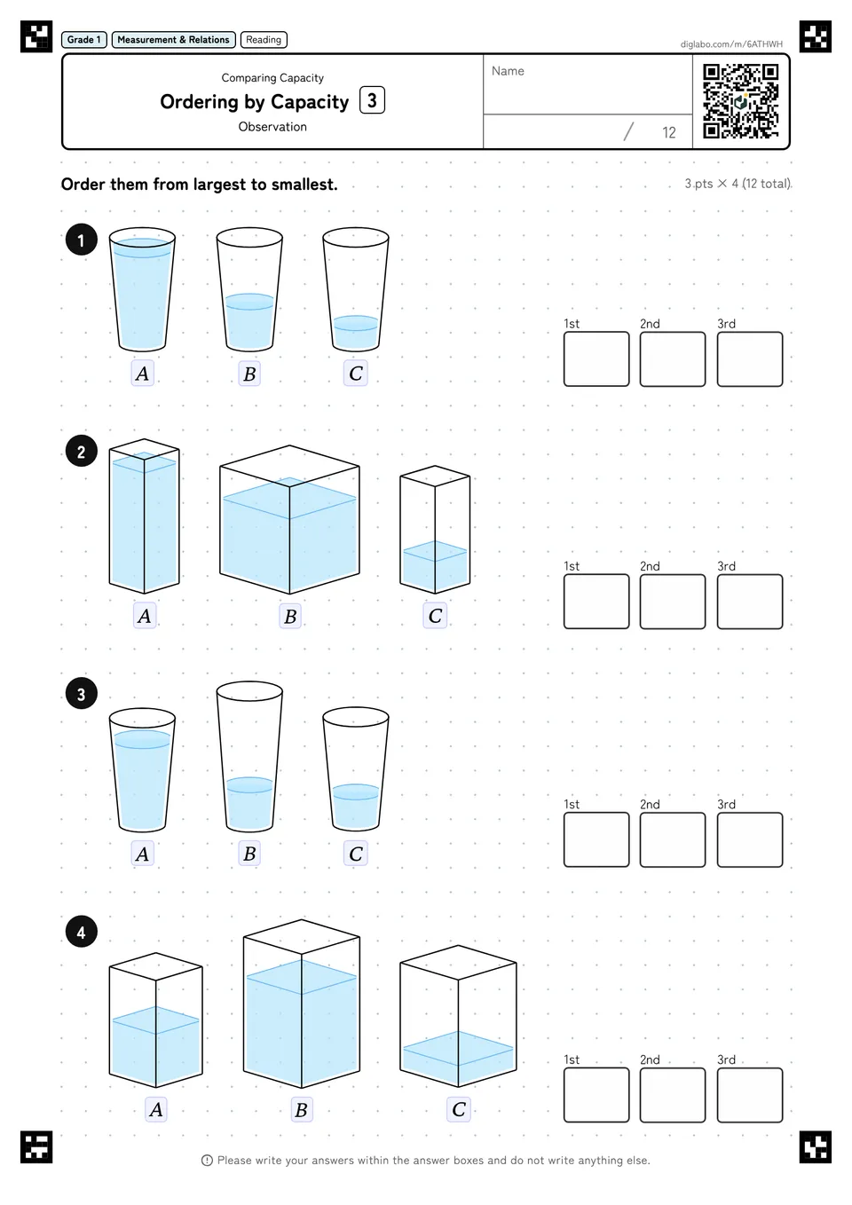 Grade 1 (Elementary School) Comparing Capacity Ordering by Capacity
