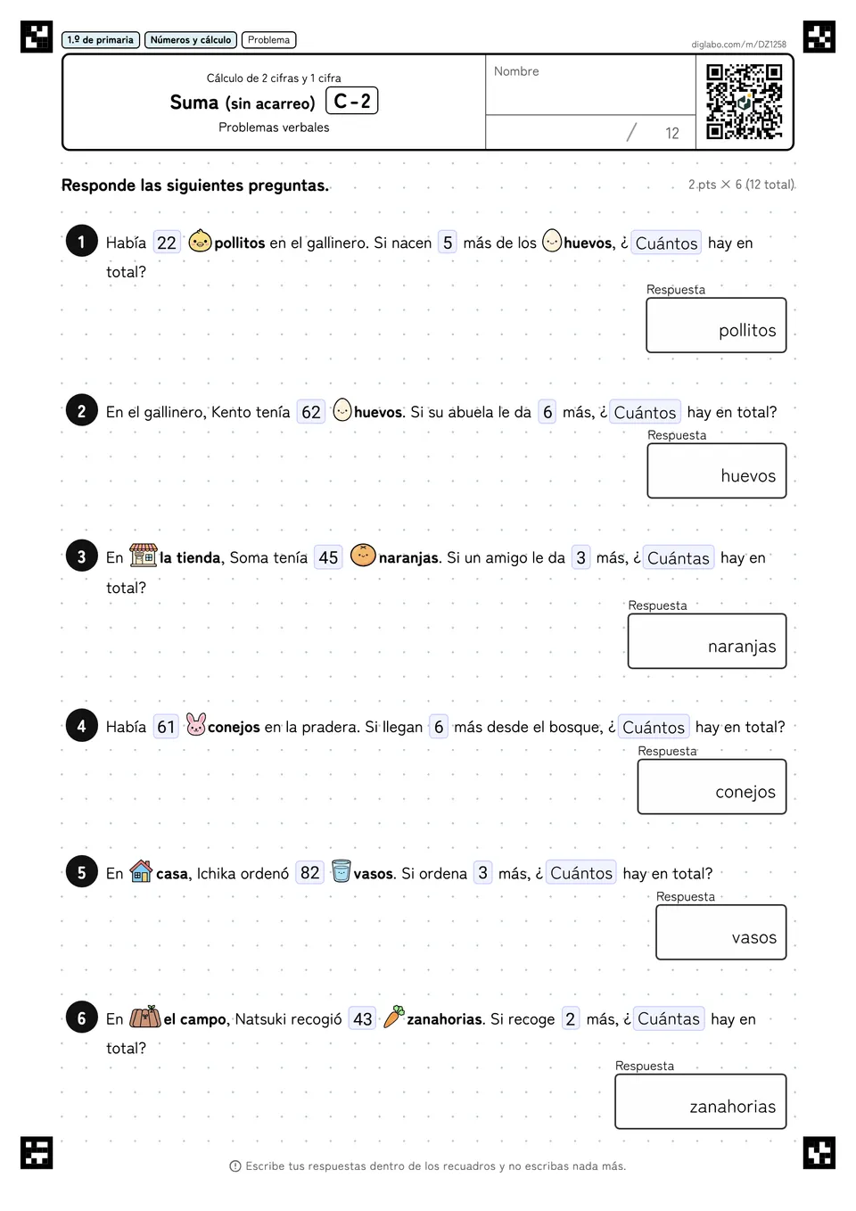 1.º de primaria Cálculo de 2 cifras y 1 cifra Suma (sin acarreo)