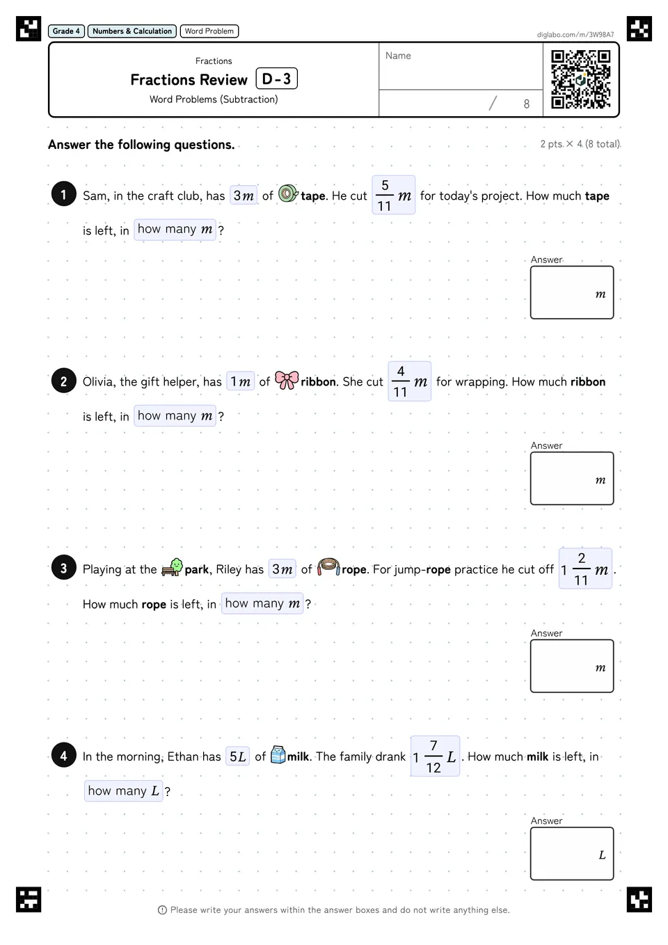 Grade 4 (Elementary School) Fractions Fractions Review