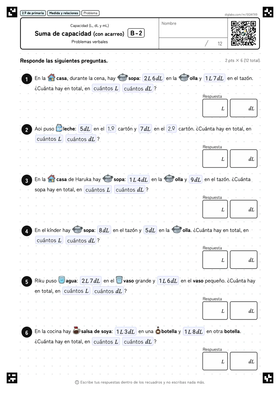 2.º de primaria Capacidad (L, dL y mL) Suma de capacidad (con acarreo)