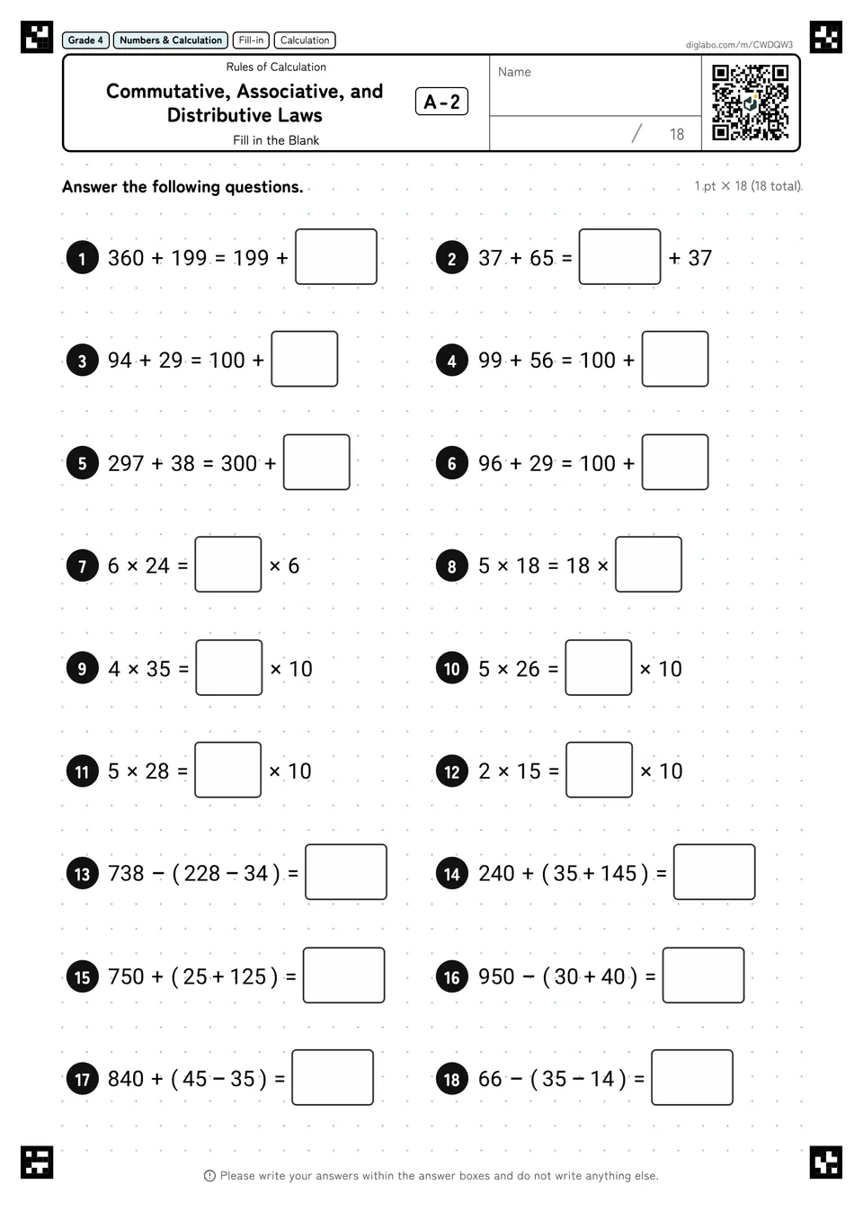 Grade 4 (Elementary School) Rules of Calculation Commutative, Associative, and Distributive Laws