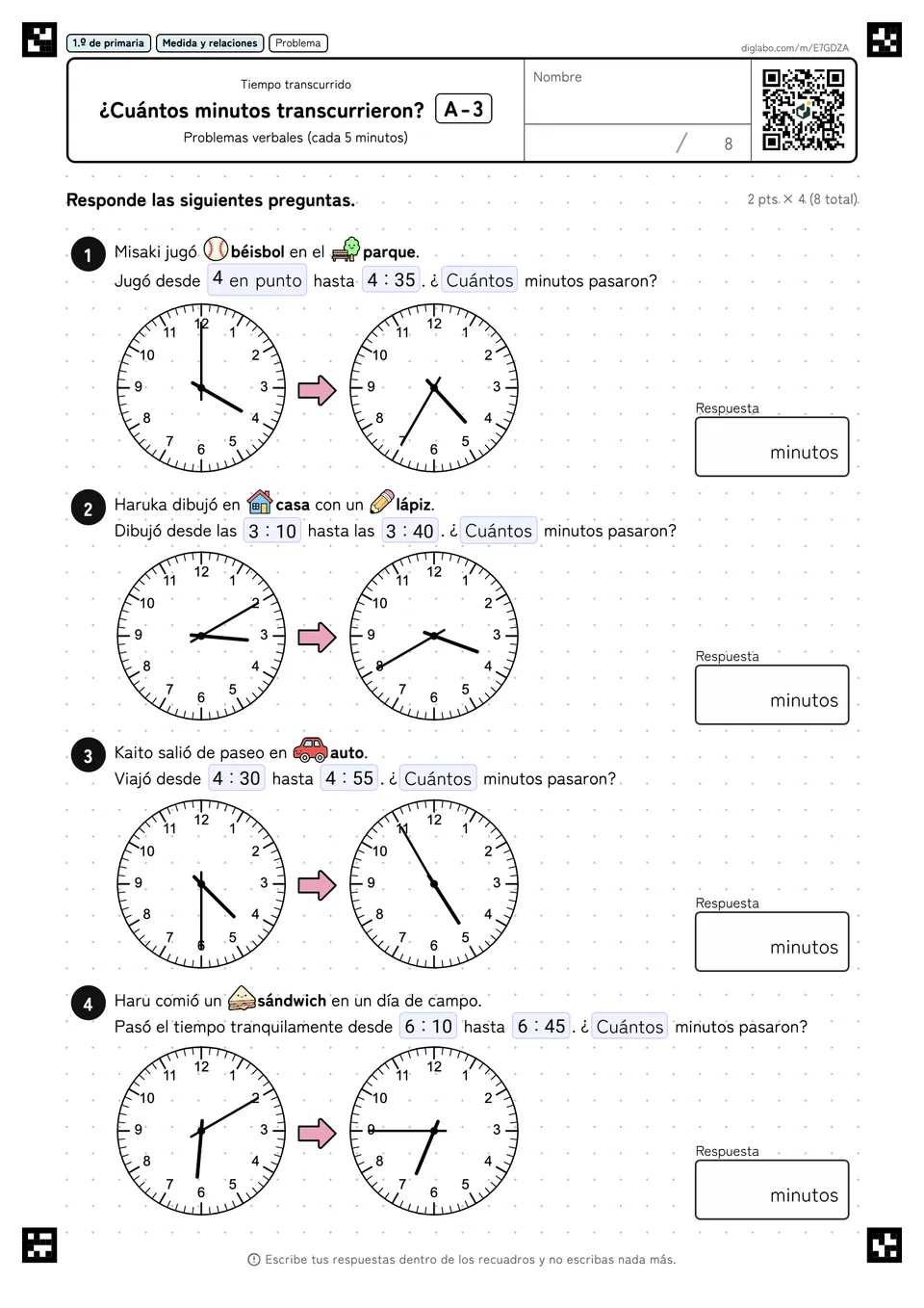 1.º de primaria Tiempo transcurrido ¿Cuántos minutos transcurrieron?