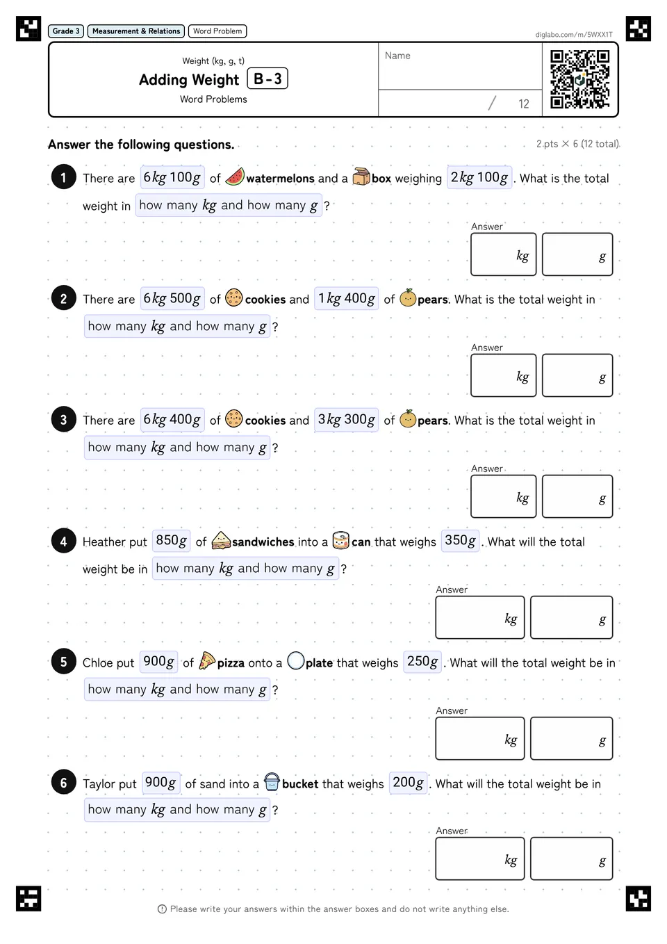 Grade 3 (Elementary School) Weight (kg, g, t) Adding Weight