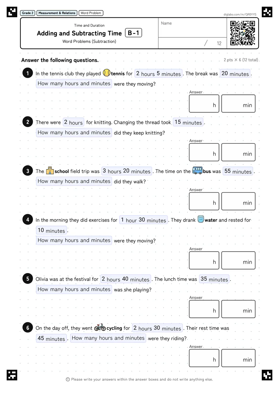Grade 2 (Elementary School) Time and Duration Adding and Subtracting Time