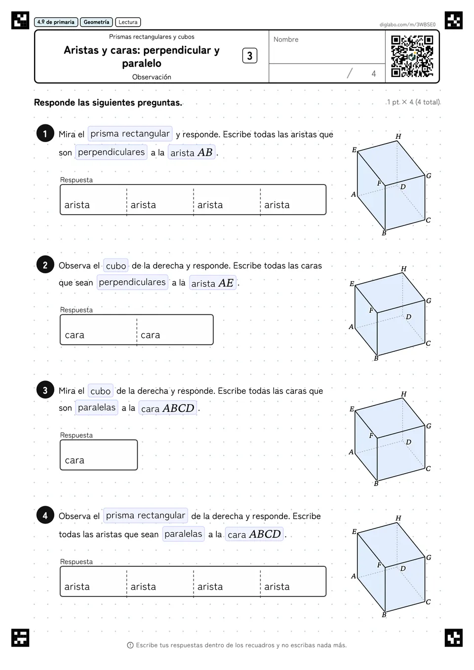 4.º de primaria Prismas rectangulares y cubos Aristas y caras: perpendicular y paralelo