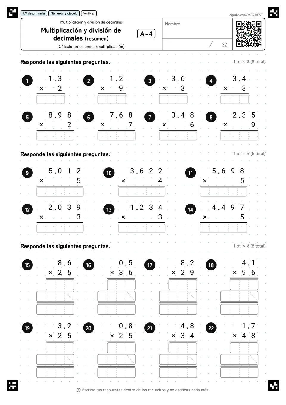 4.º de primaria Multiplicación y división de decimales Multiplicación y división de decimales (resumen)