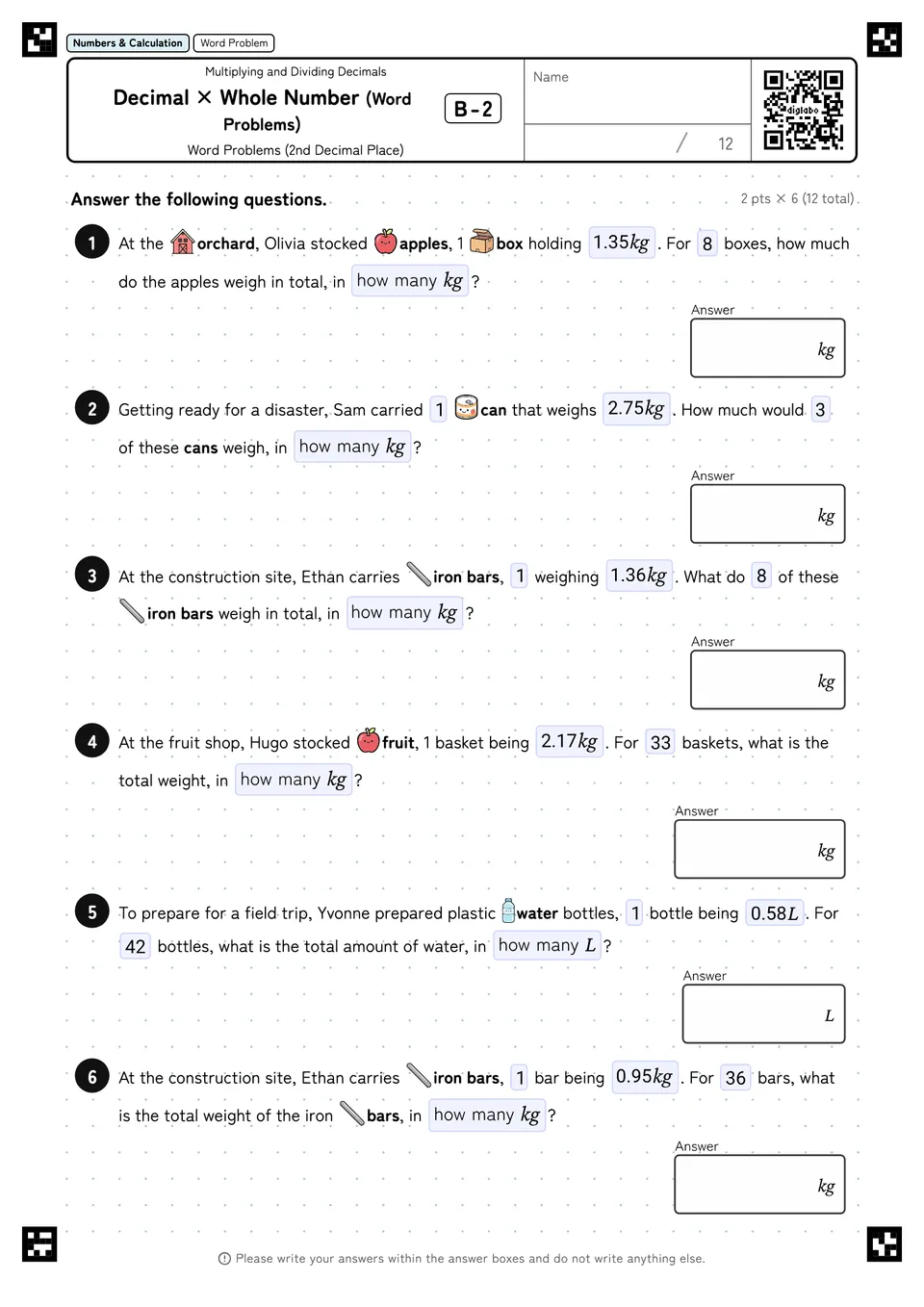 Decimal × Whole Number (Word Problems) B-2