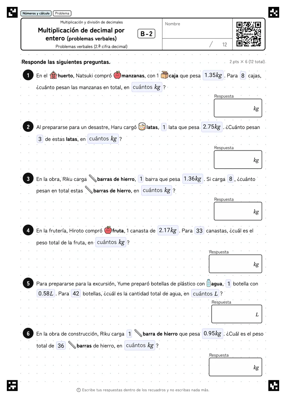 Multiplicación de decimal por entero (problemas verbales) B-2
