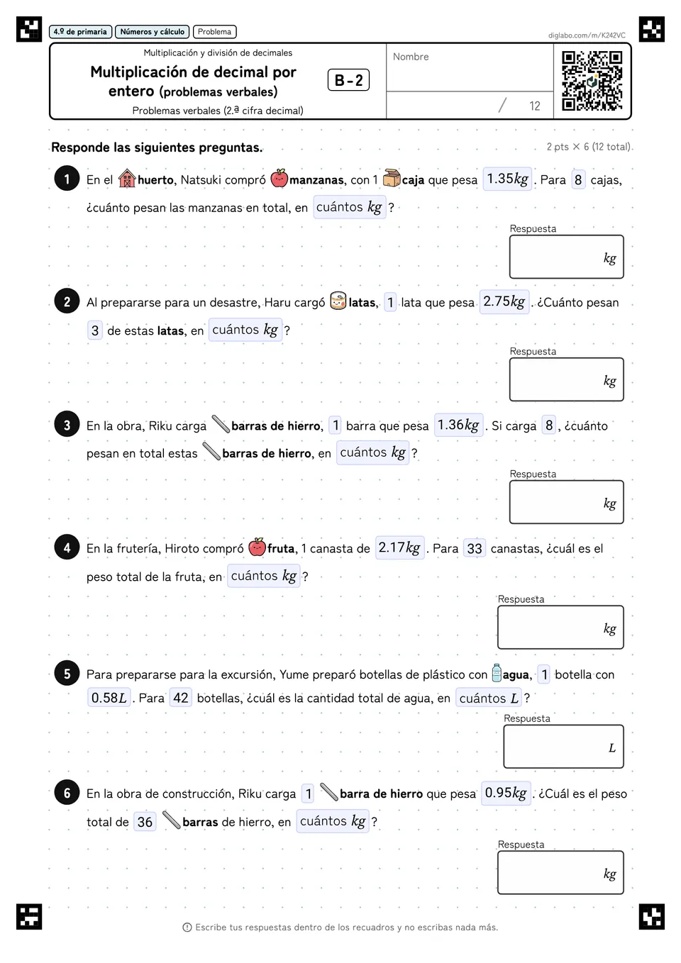 4.º de primaria Multiplicación y división de decimales Multiplicación de decimal por entero (problemas verbales)