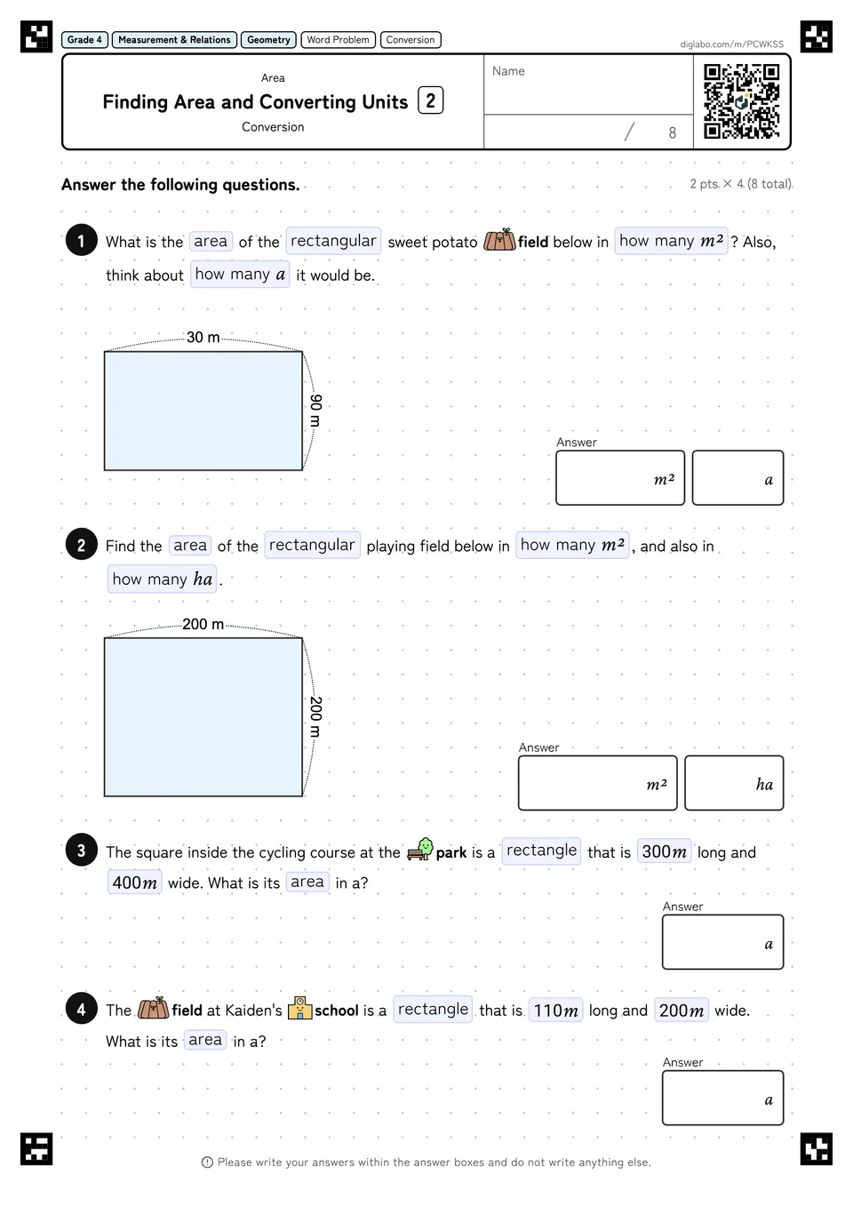 Grade 4 (Elementary School) Area Finding Area and Converting Units
