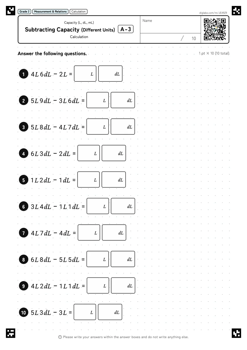 Grade 2 (Elementary School) Capacity (L, dL, mL) Subtracting Capacity (Different Units)