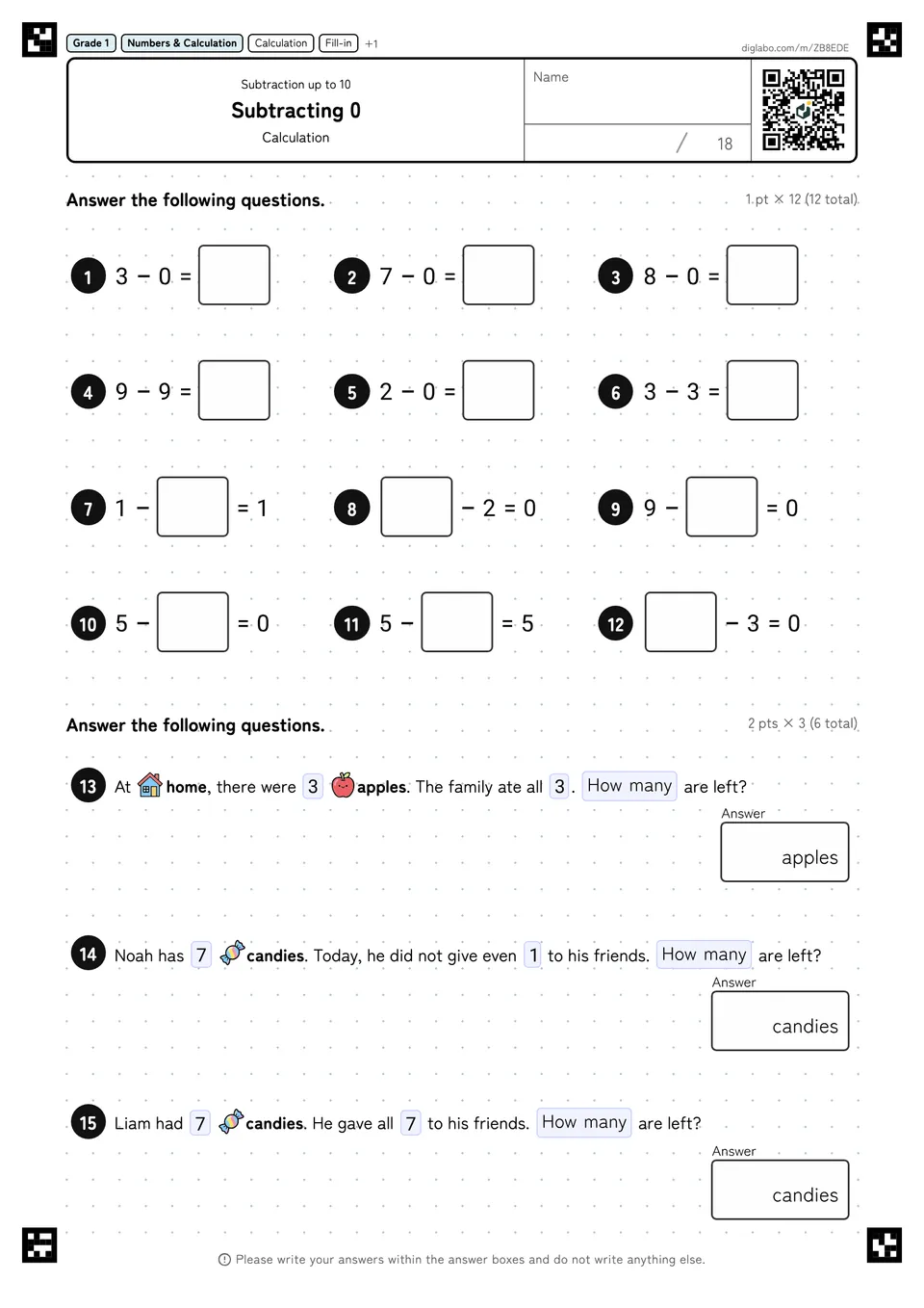 Grade 1 (Elementary School) Subtraction up to 10 Subtracting 0
