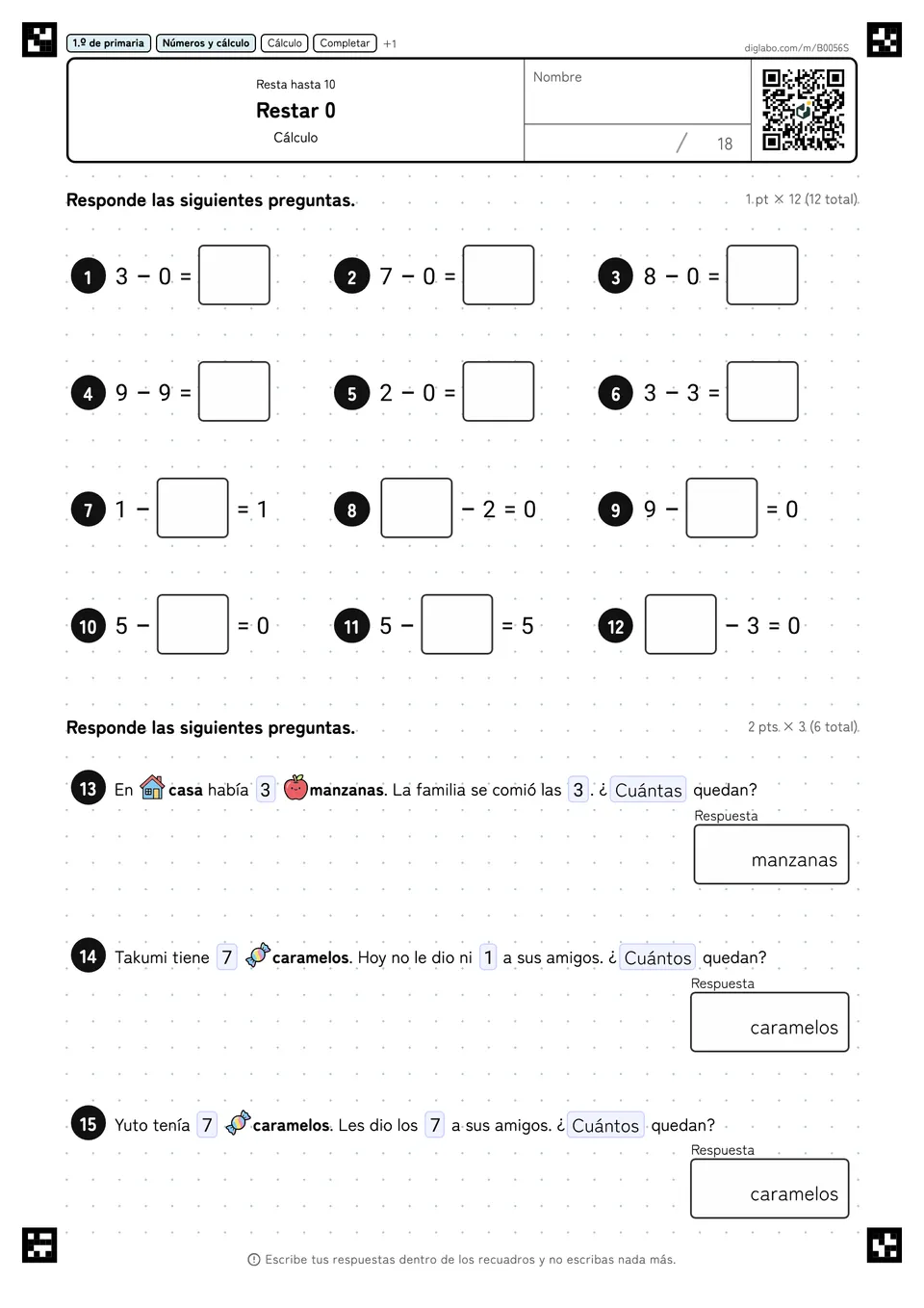 1.º de primaria Resta hasta 10 Restar 0