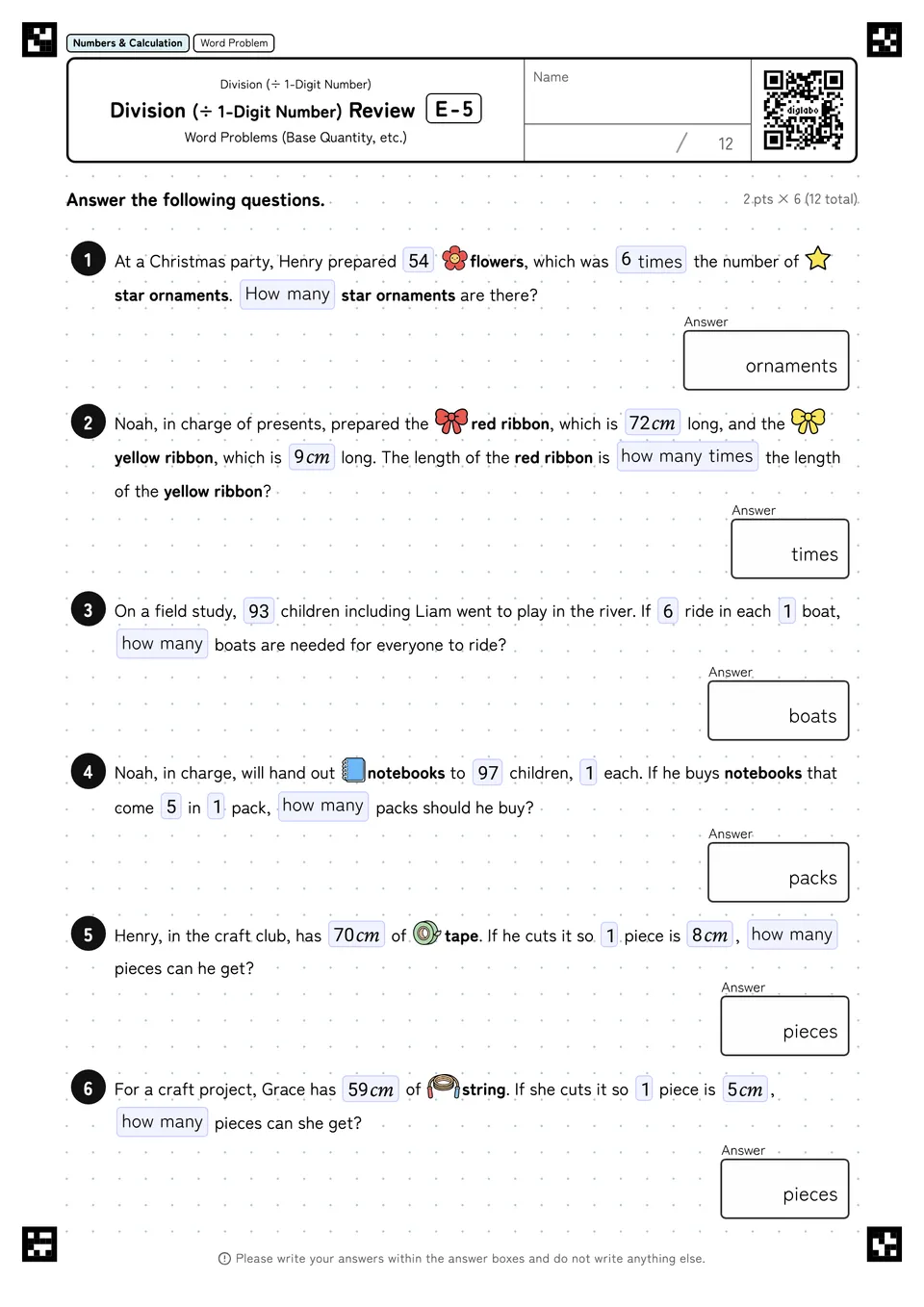 Division (÷ 1-Digit Number) Review E-5