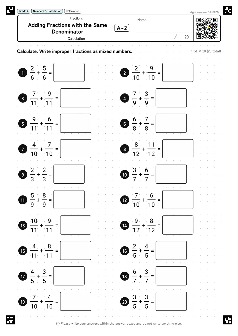 Grade 4 (Elementary School) Fractions Adding Fractions with the Same Denominator