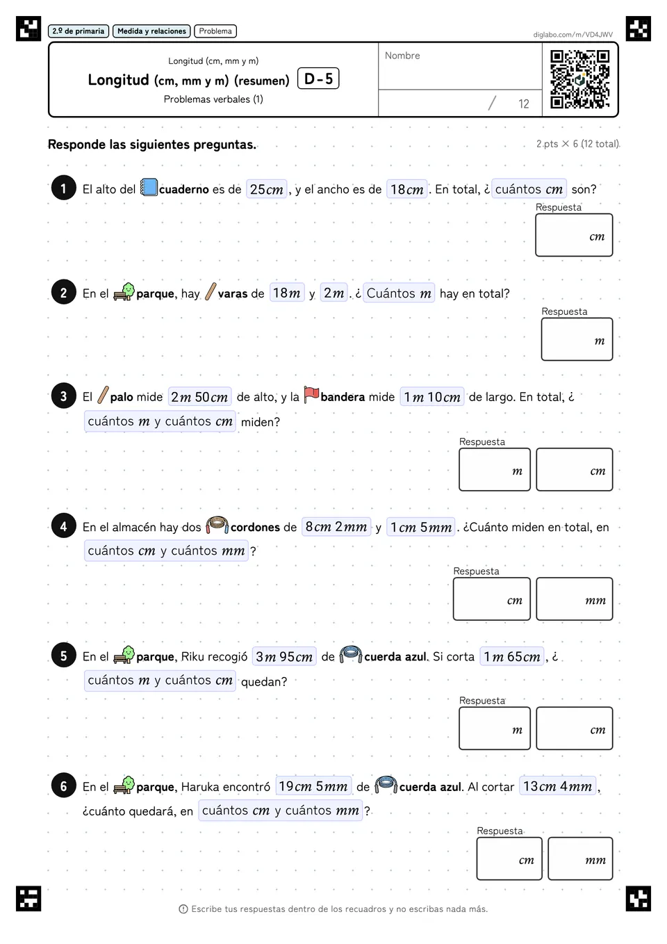2.º de primaria Longitud (cm, mm y m) Longitud (cm, mm y m) (resumen)