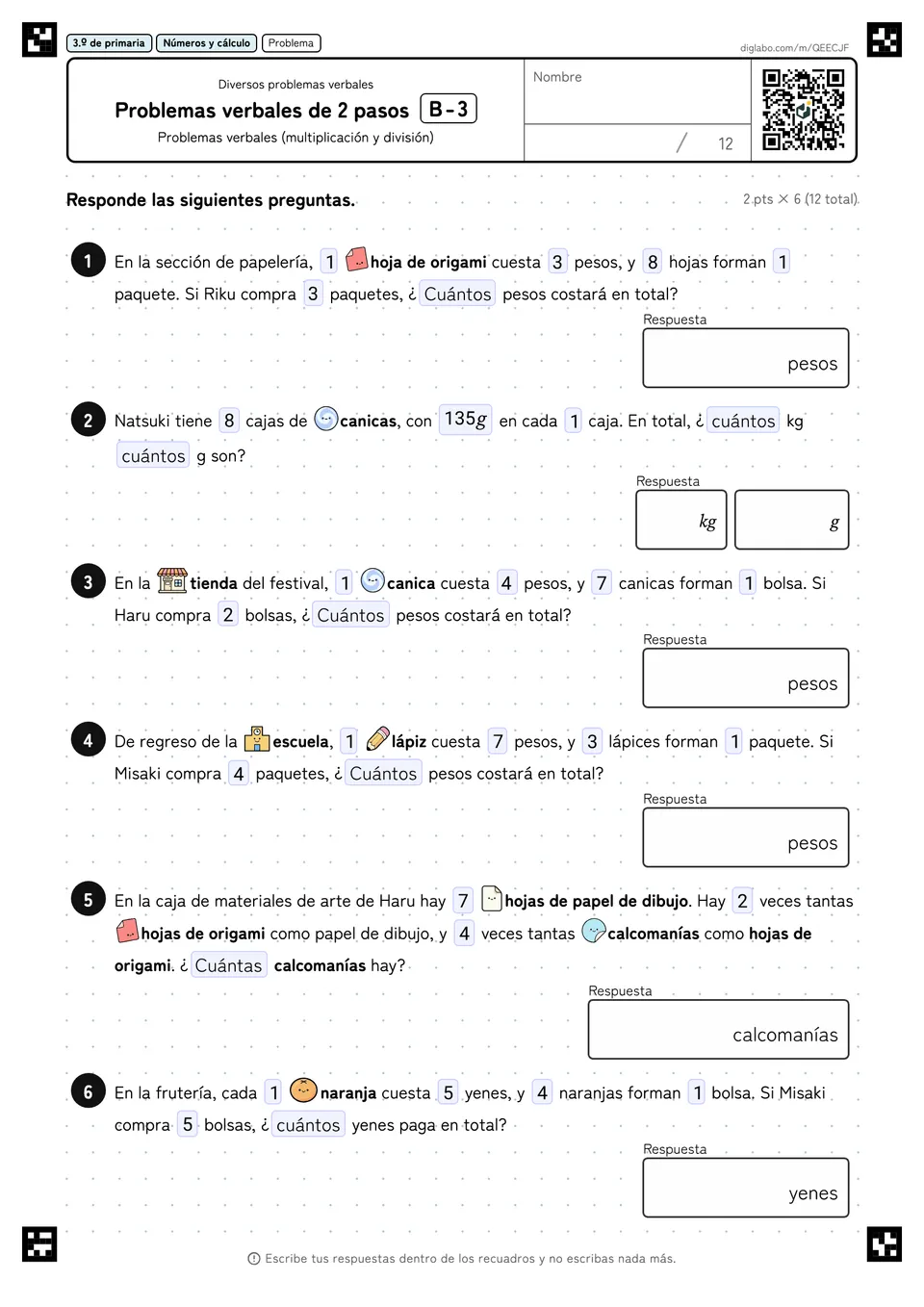 3.º de primaria Diversos problemas verbales Problemas verbales de 2 pasos