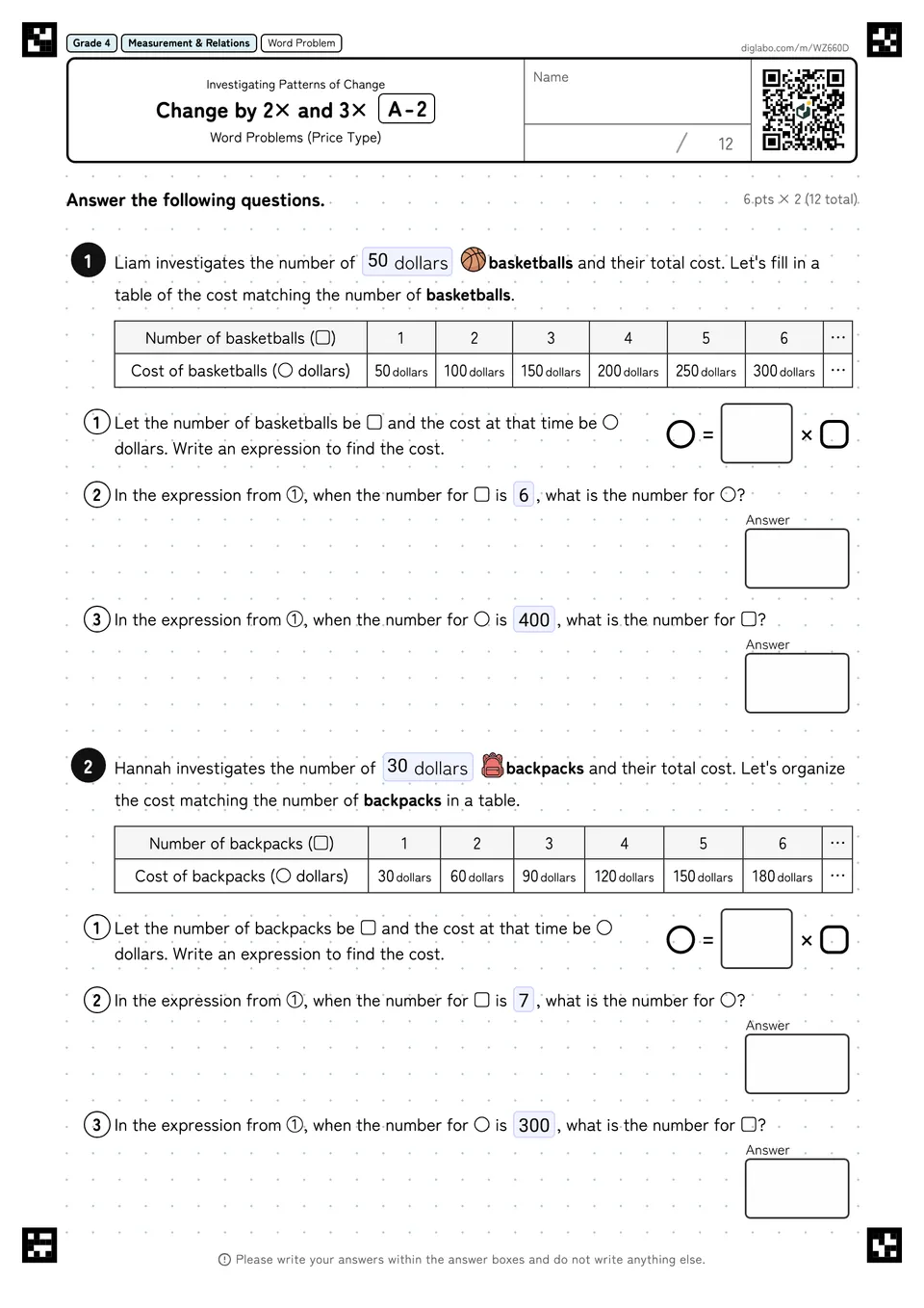 Grade 4 (Elementary School) Investigating Patterns of Change Change by 2× and 3×