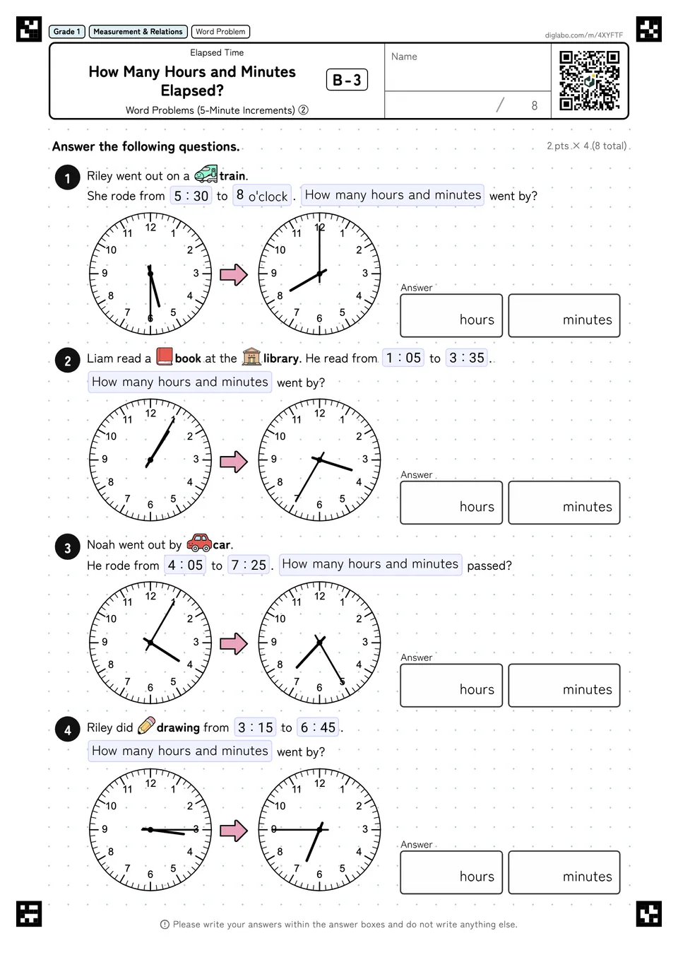 Grade 1 (Elementary School) Elapsed Time How Many Hours and Minutes Elapsed?