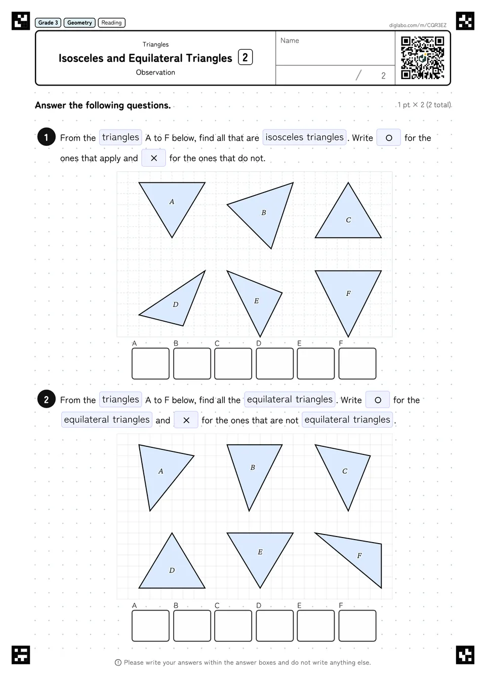 Grade 3 (Elementary School) Triangles Isosceles and Equilateral Triangles