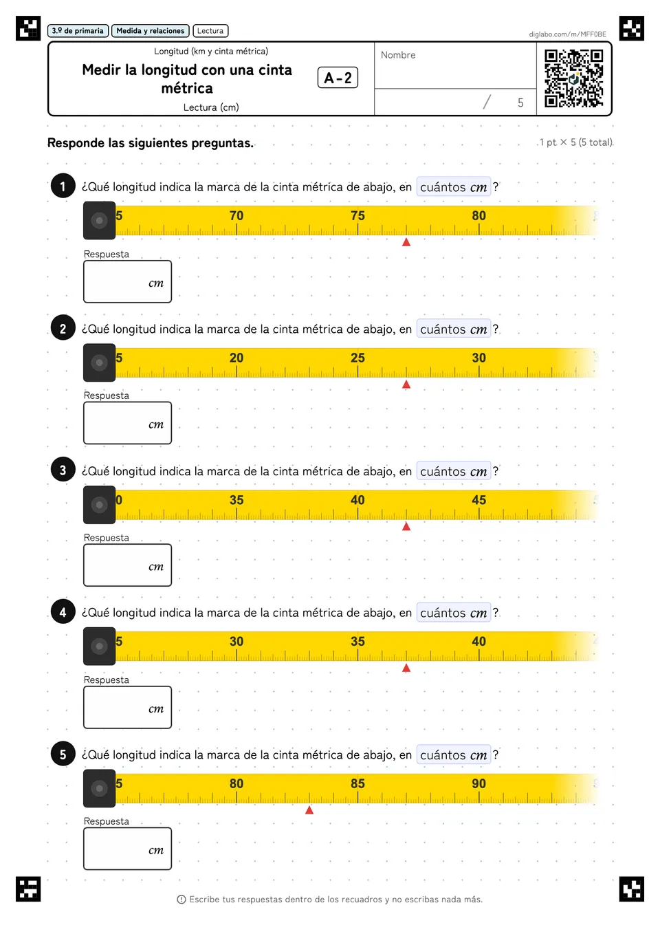 3.º de primaria Longitud (km y cinta métrica) Medir la longitud con una cinta métrica