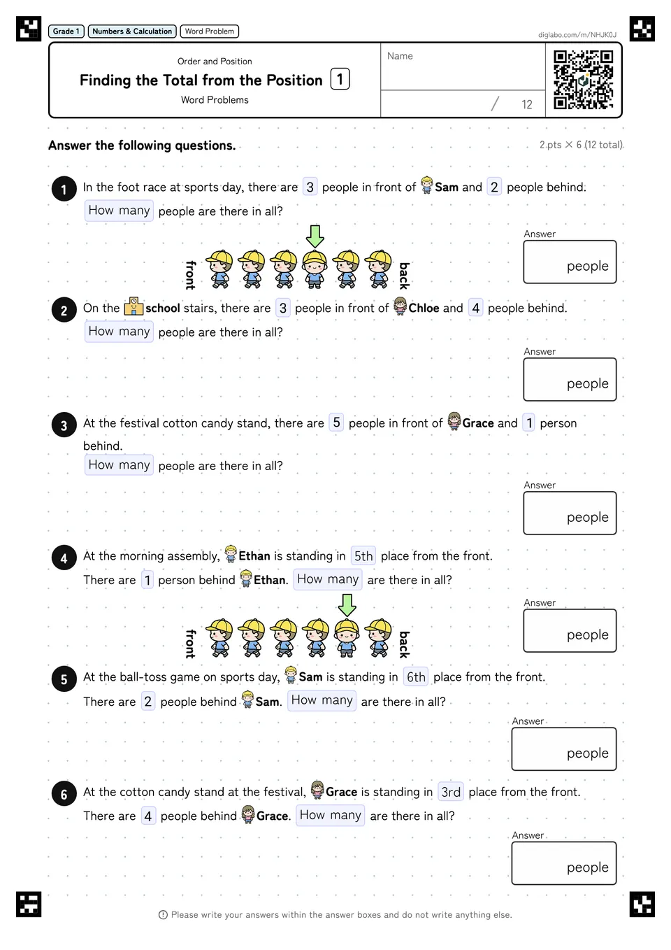 Grade 1 (Elementary School) Order and Position Finding the Total from the Position