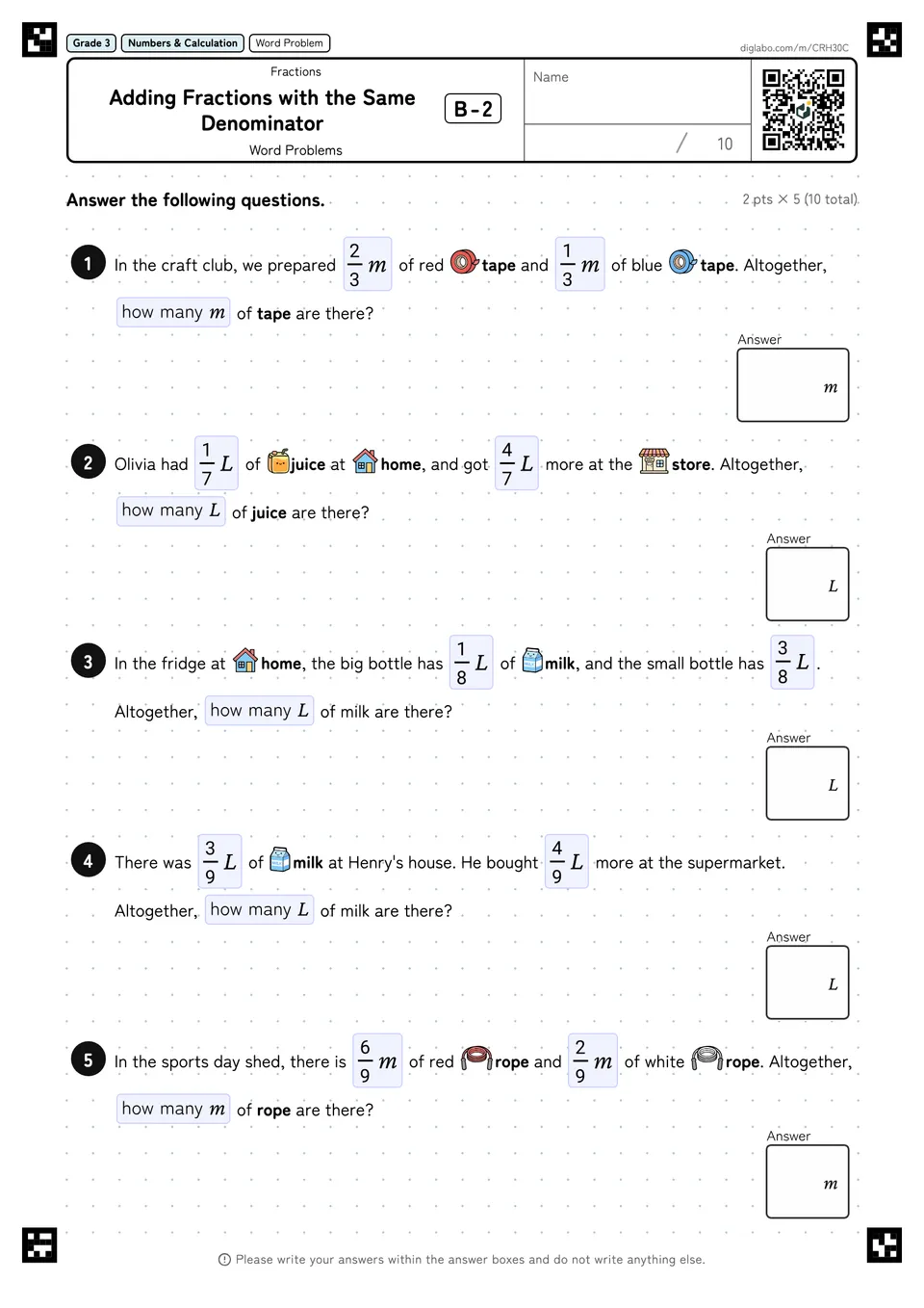 Grade 3 (Elementary School) Fractions Adding Fractions with the Same Denominator