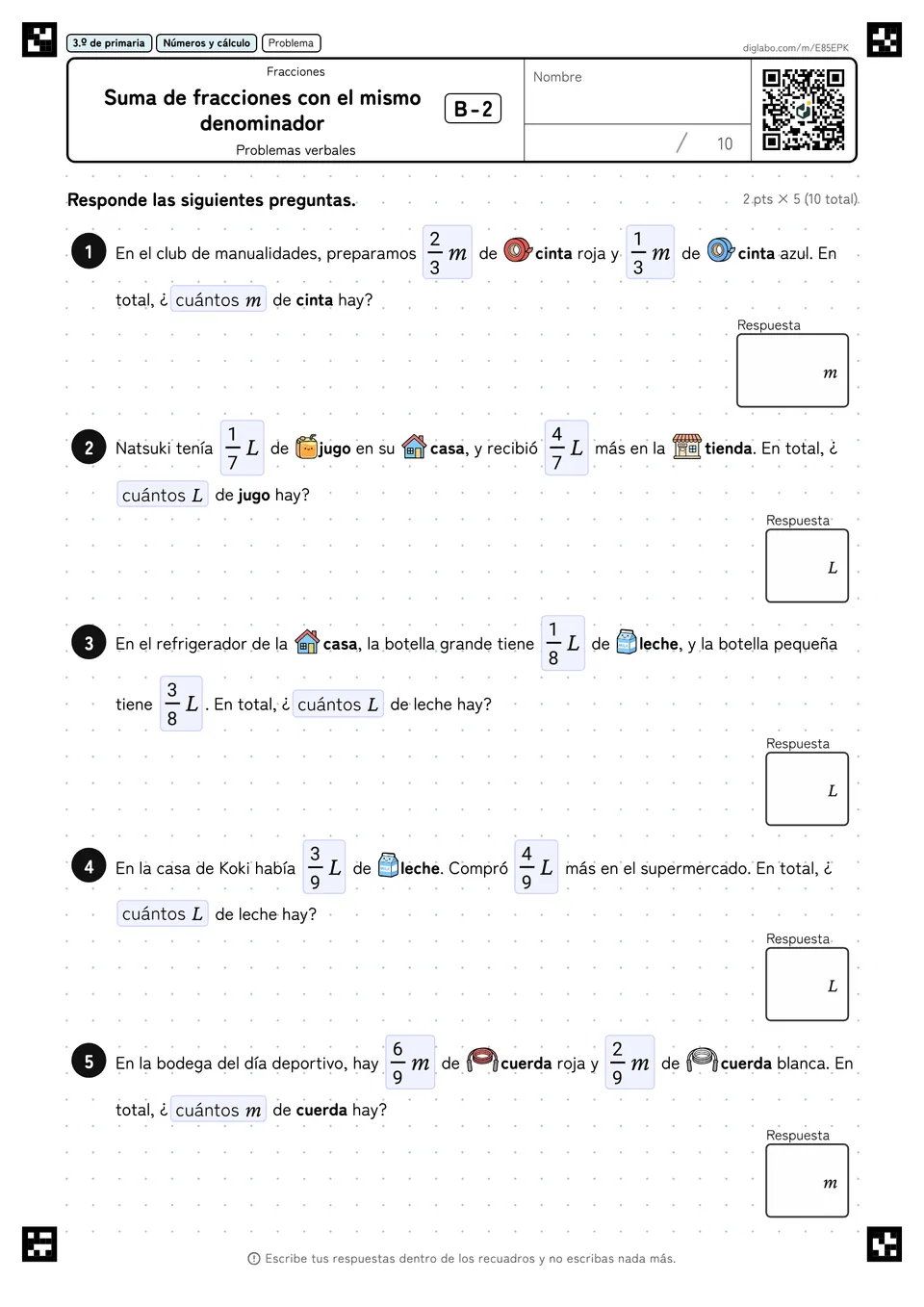 3.º de primaria Fracciones Suma de fracciones con el mismo denominador