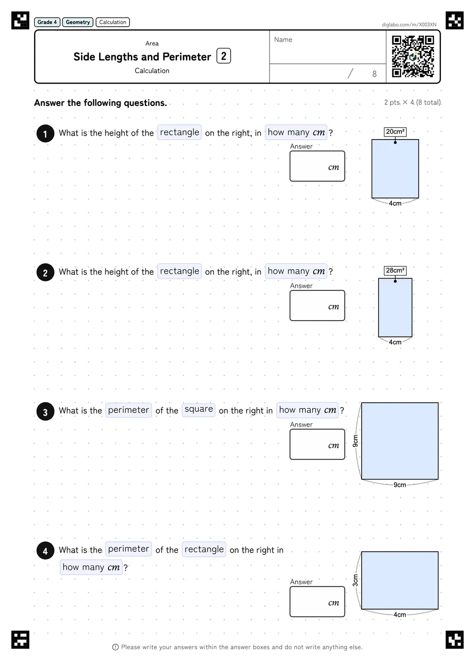 Grade 4 (Elementary School) Area Side Lengths and Perimeter