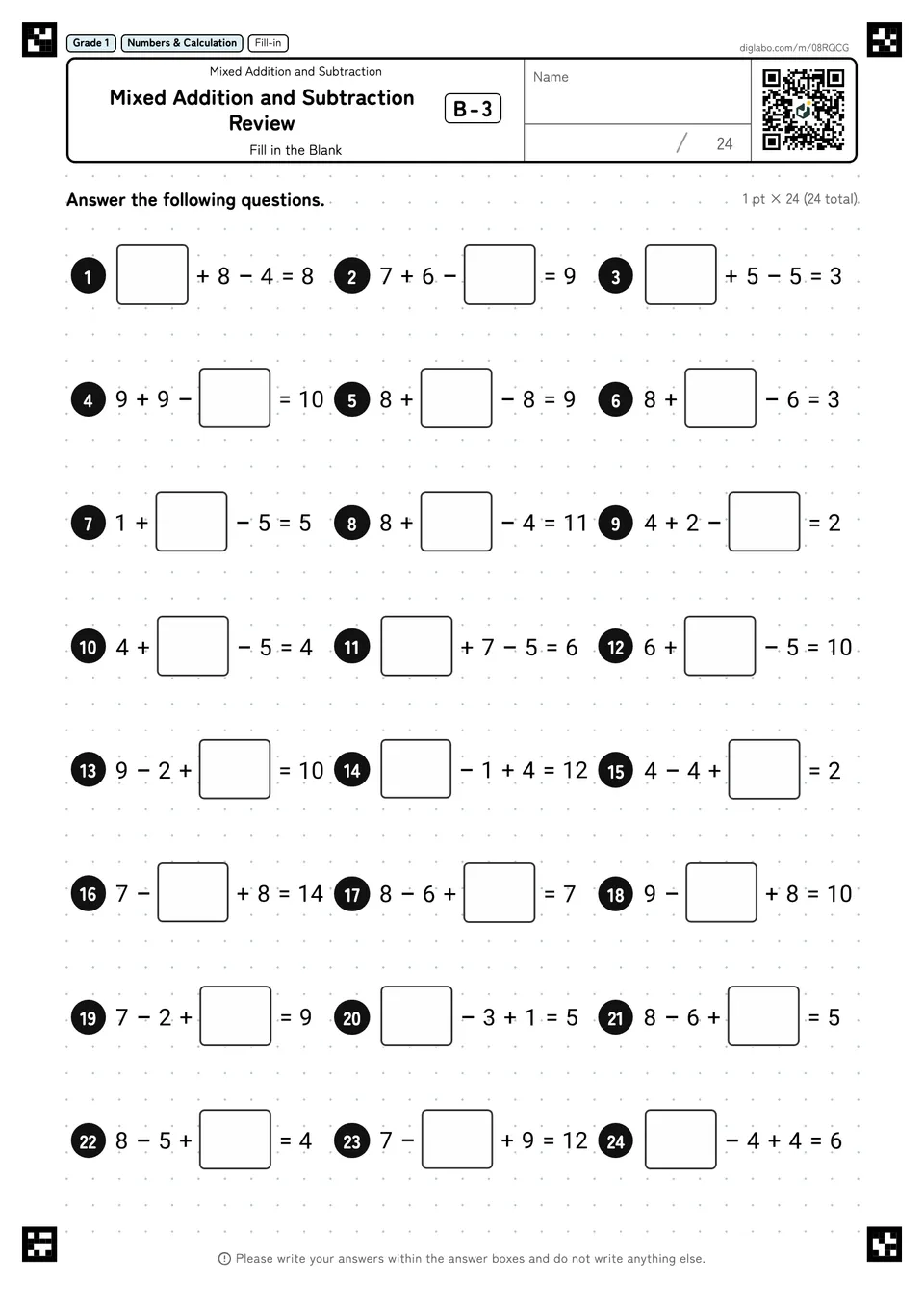 Grade 1 (Elementary School) Mixed Addition and Subtraction Mixed Addition and Subtraction Review