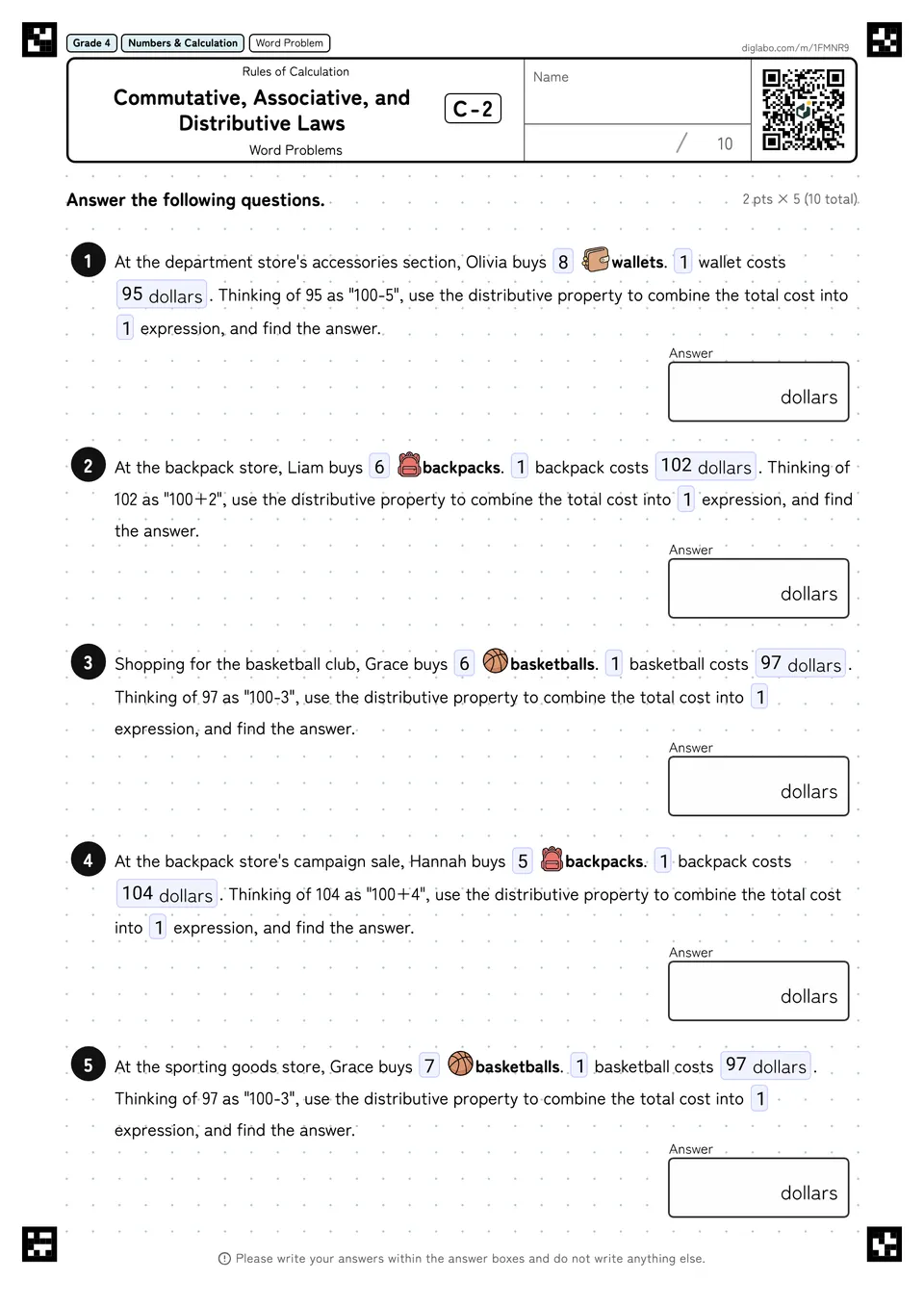 Grade 4 (Elementary School) Rules of Calculation Commutative, Associative, and Distributive Laws