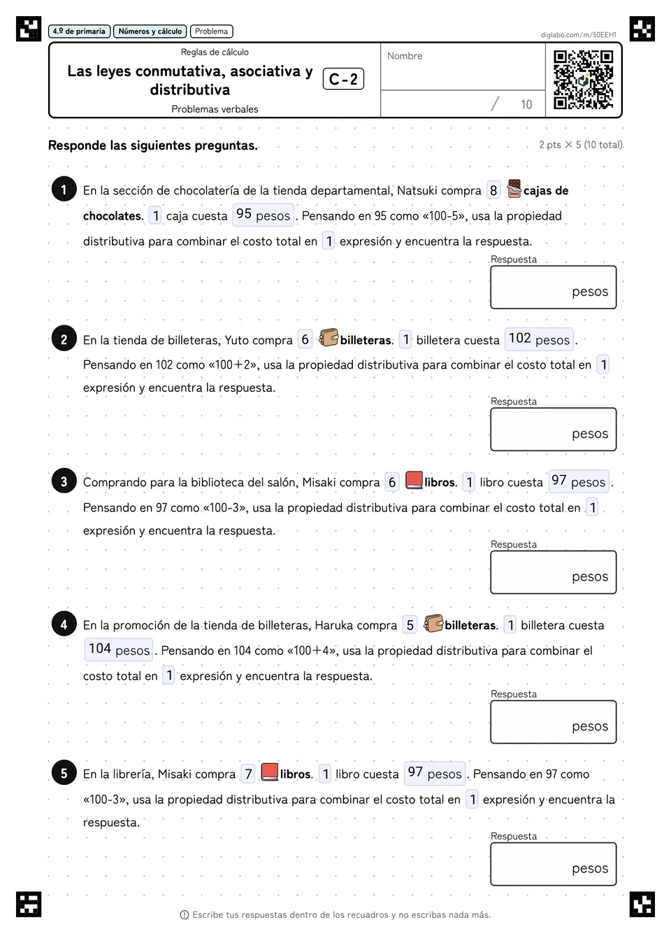 4.º de primaria Reglas de cálculo Las leyes conmutativa, asociativa y distributiva