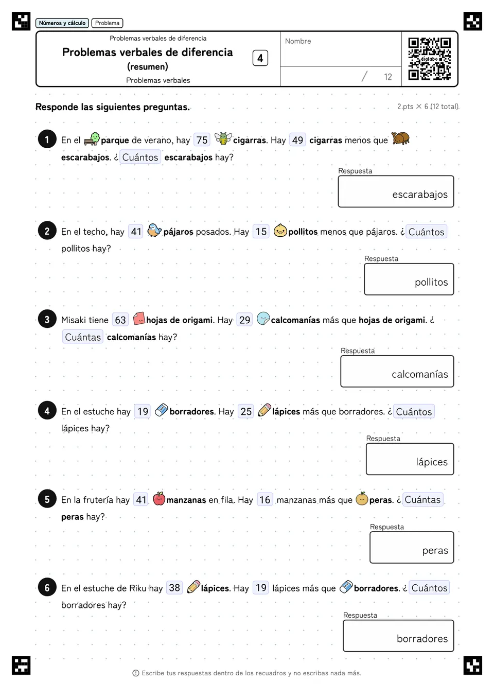 Problemas verbales de diferencia (resumen) 4