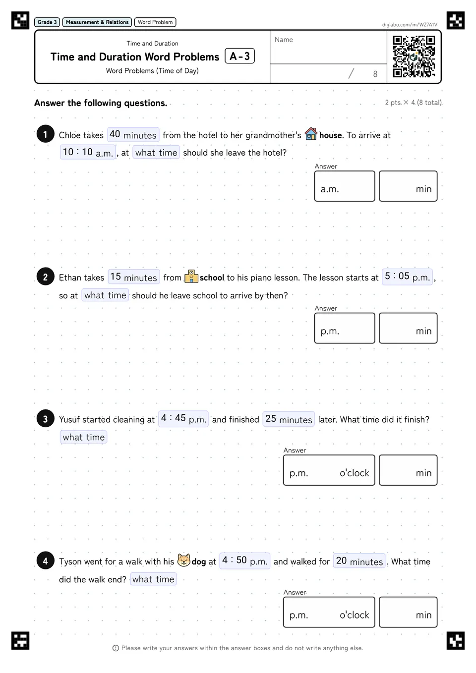 Grade 3 (Elementary School) Time and Duration Time and Duration Word Problems