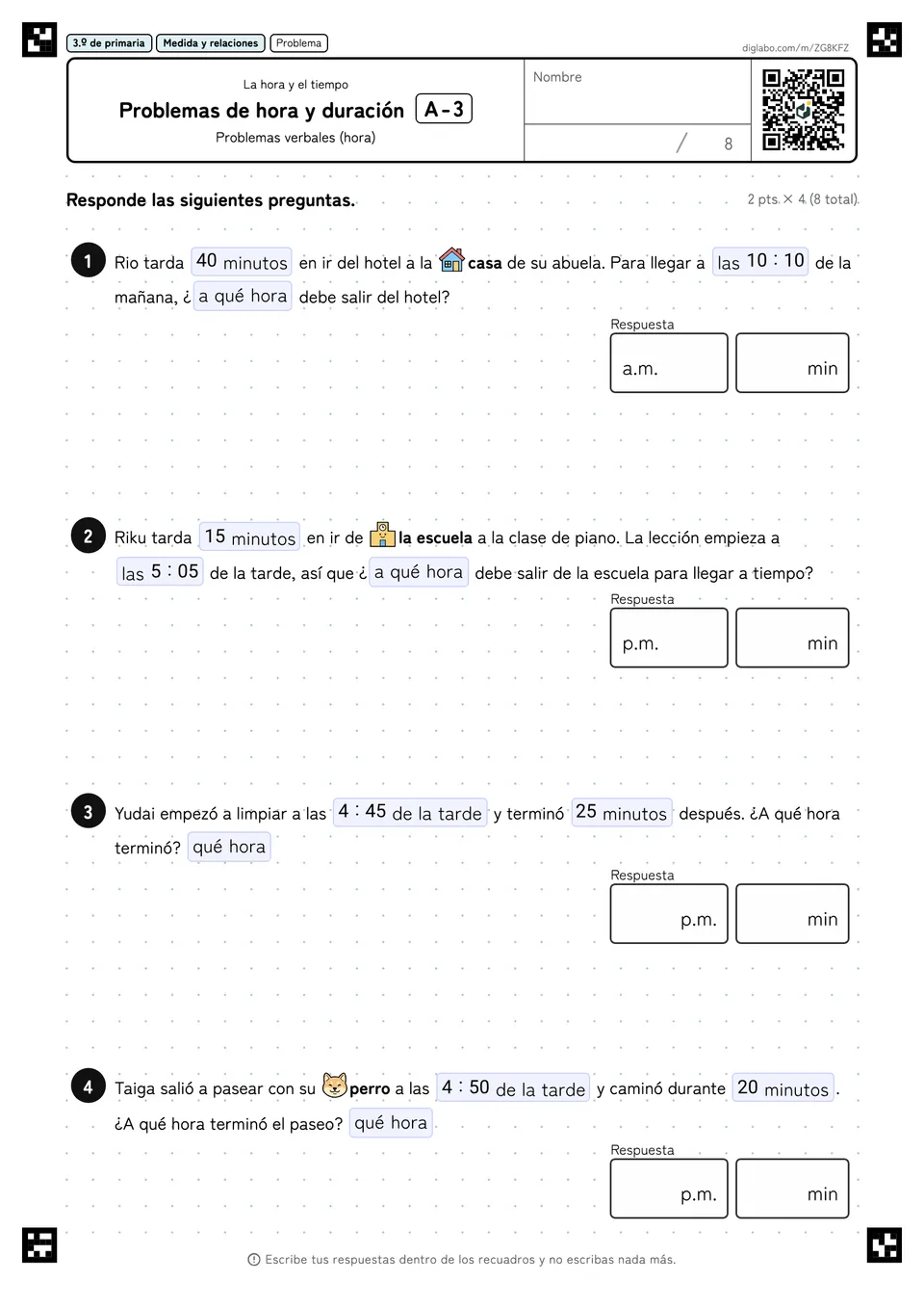 3.º de primaria La hora y el tiempo Problemas de hora y duración