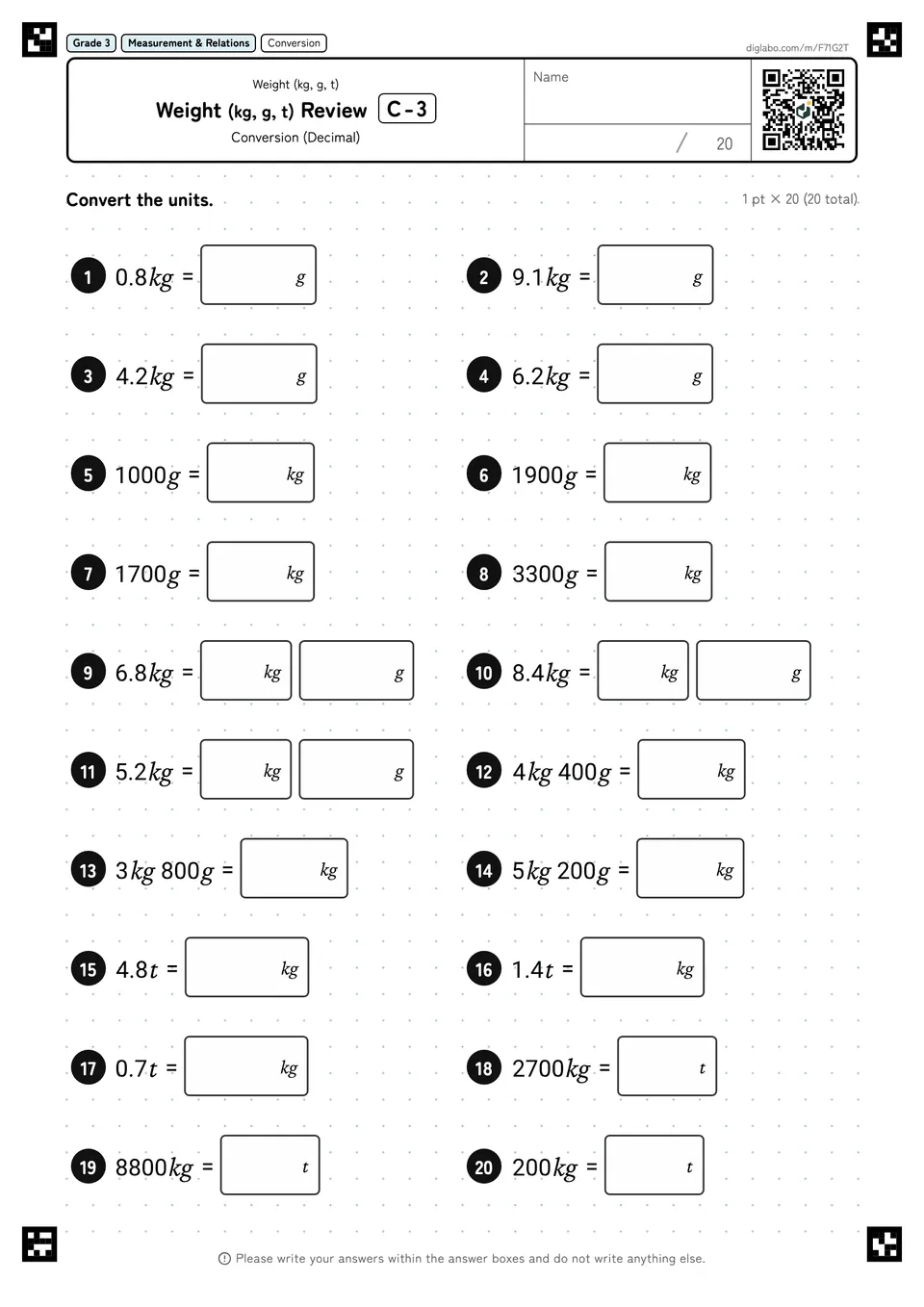Grade 3 (Elementary School) Weight (kg, g, t) Weight (kg, g, t) Review