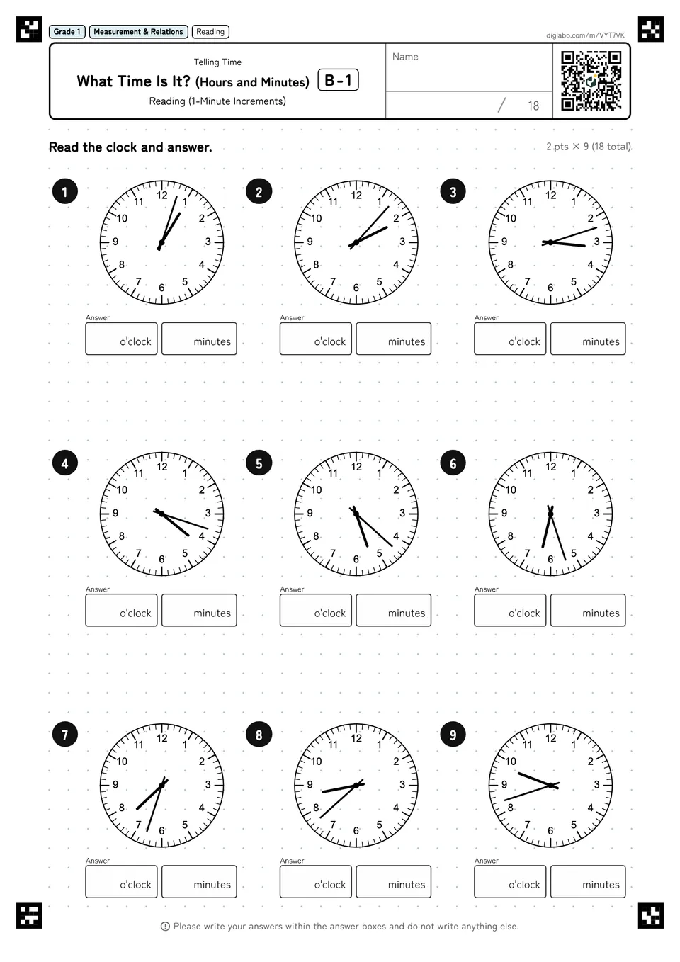 Grade 1 (Elementary School) Telling Time What Time Is It? (Hours and Minutes)