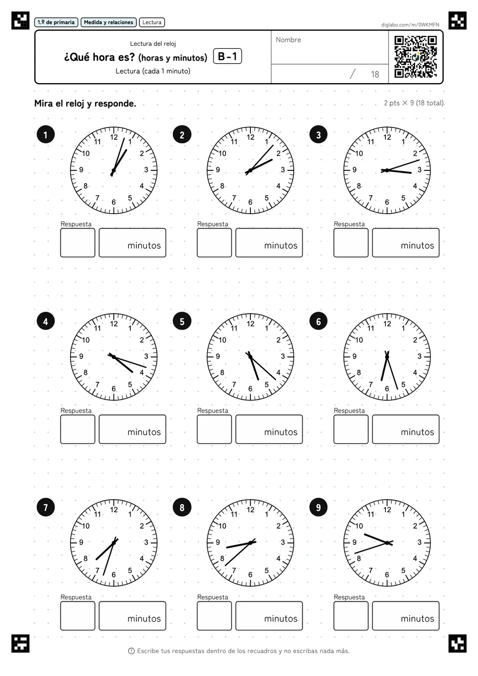 1.º de primaria Lectura del reloj ¿Qué hora es? (horas y minutos)