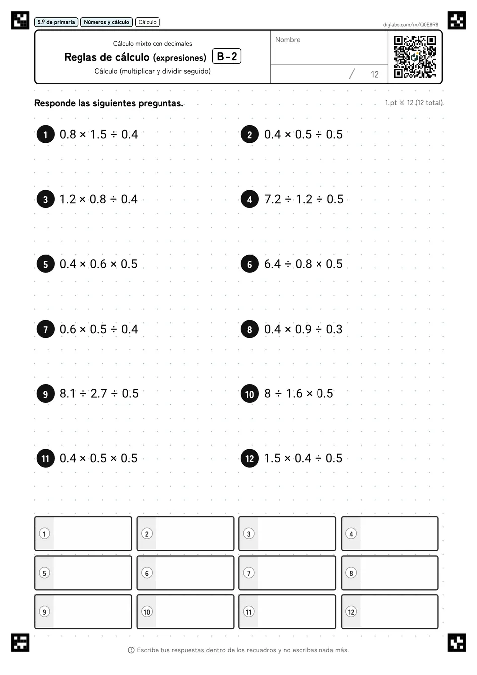 5.º de primaria Cálculo mixto con decimales Reglas de cálculo (expresiones)