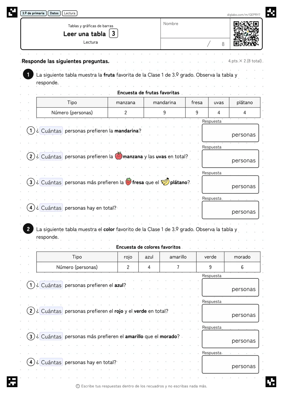 3.º de primaria Tablas y gráficas de barras Leer una tabla