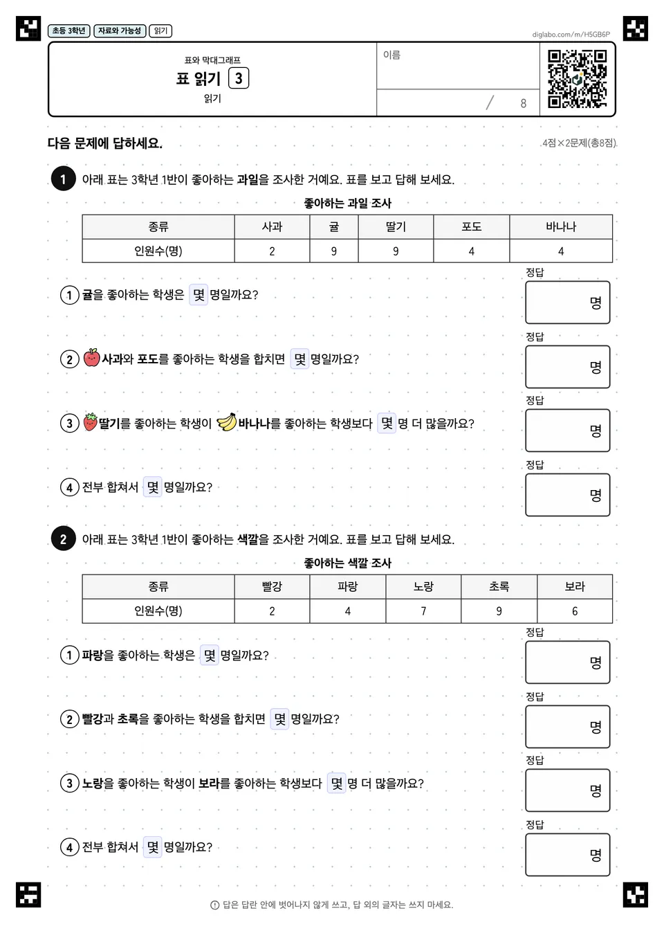 초등학교 3학년 표와 막대그래프 표 읽기