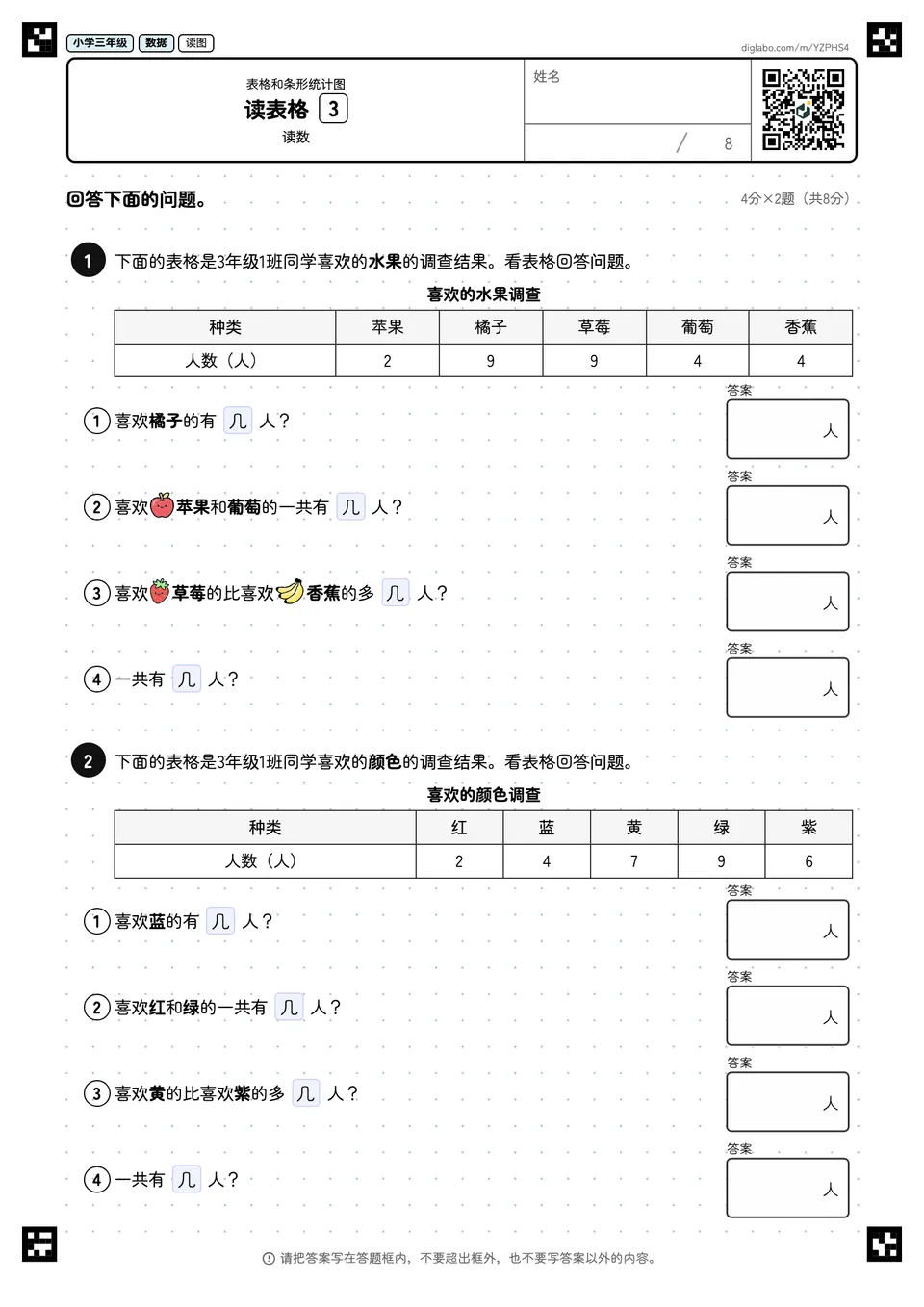 小学三年级 表格和条形统计图 读表格