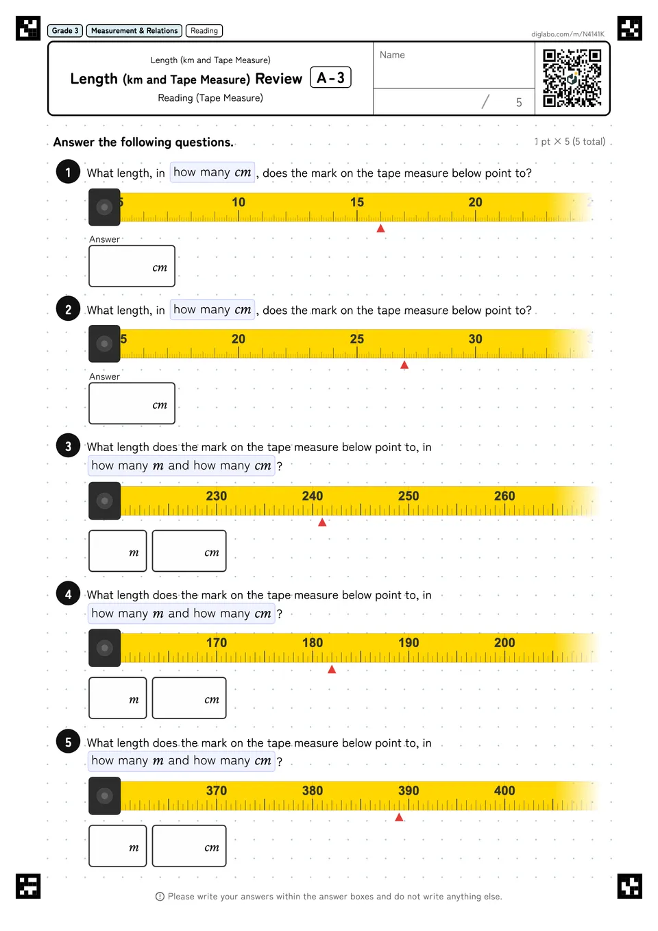 Grade 3 (Elementary School) Length (km and Tape Measure) Length (km and Tape Measure) Review